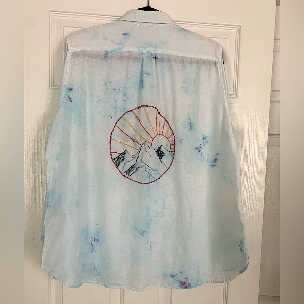 Marshmallow Moon Custom Ice Dyed Hand Embroidered Linen Shirt